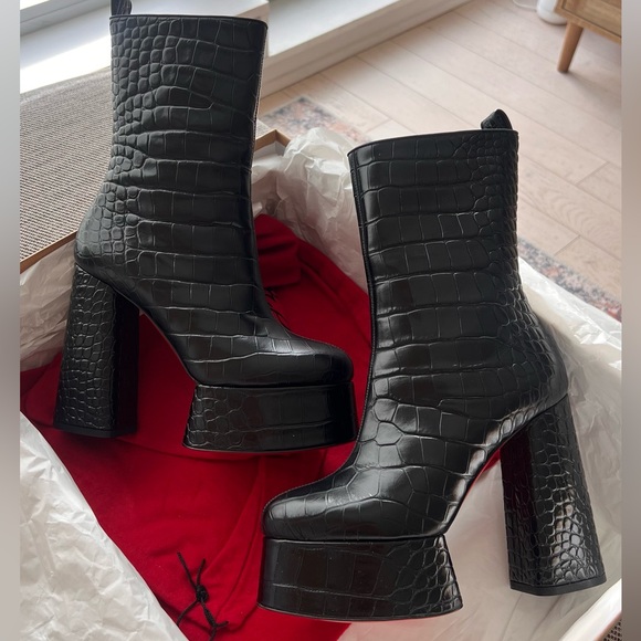 Christian Louboutin Shoes - Christian Louboutin Black Croc-Embossed Platform Block Heel Ankle Boots